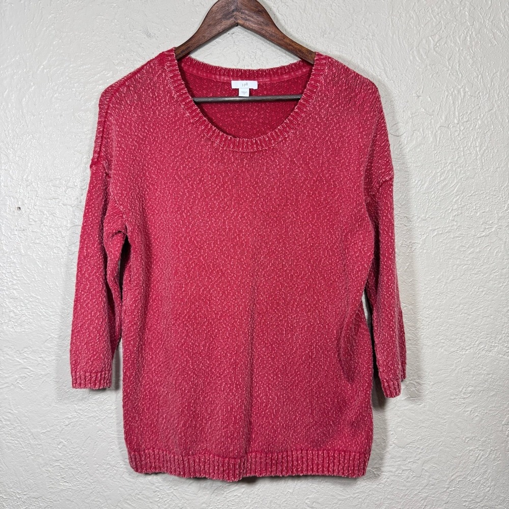 J Jill Sweater Small 100% Cotton Textured Knit Pullover Red Coastal Beach Artsy